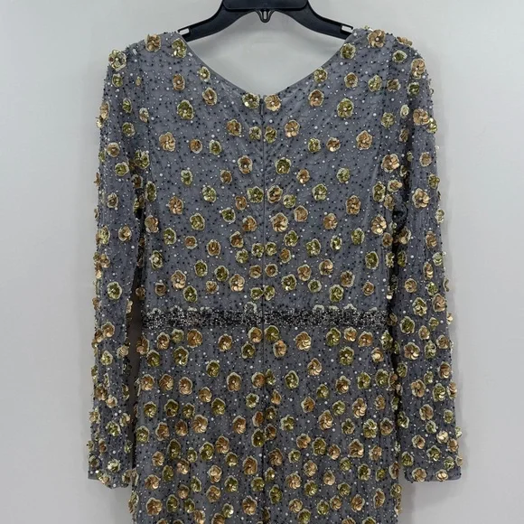 Mac Duggal 5437 Silver Embellished Long Sleeve High Neck Gown - Platinum Gold 10